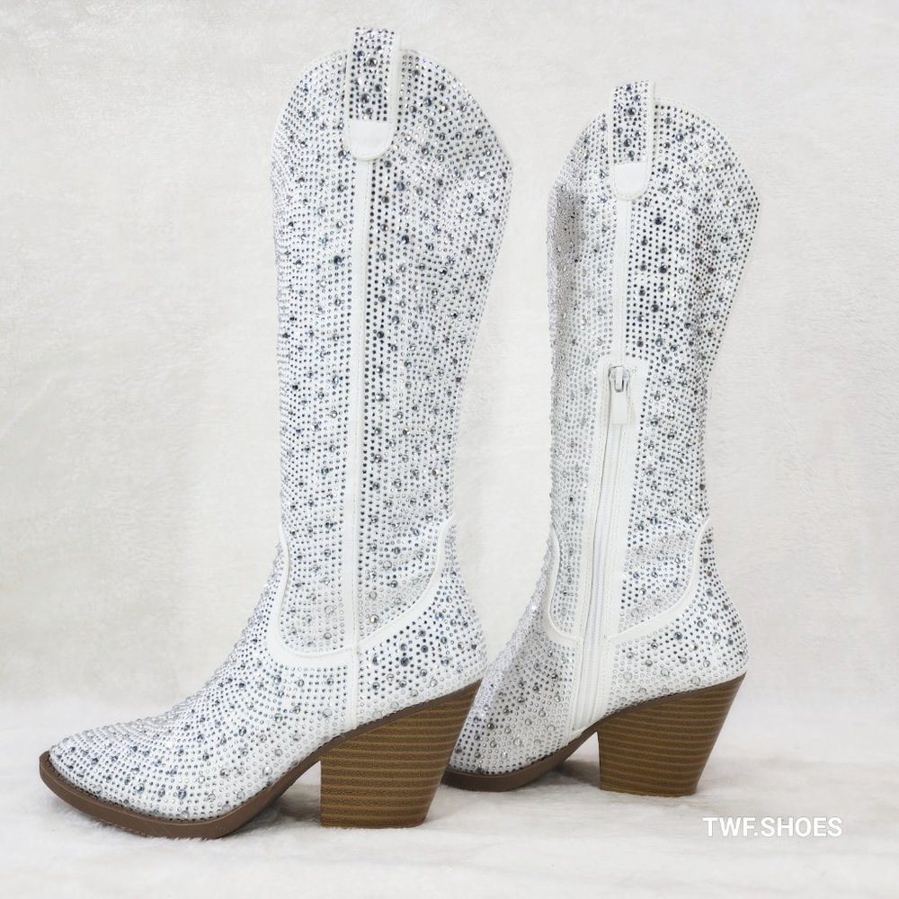 Wild ones Glam White Rhinestone Glitter Disco Cowgirl Western Knee Boots